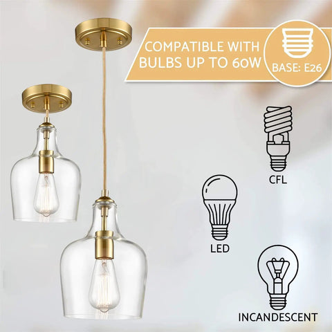Lit Brushed Gold Pendant Light With Clear Glass Shade, Adjustable 59 Inch Cord, showing bulb compatibility
