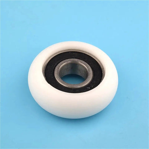 Ten Pack 6202RS Circular Arc Pulleys With Plastic Coated Polyamie Nylon Bearings For Heavy Duty Machinery To Cut Rust And Reduce Friction Without Greasing Needed, showcasing a single pulley with white plastic outer.