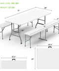 Six Foot Folding Table With Two Benches, Portable Indoor Outdoor Party Table Set, HDPE Top, Steel Legs, Easy Fold, White