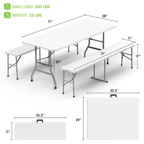 Six Foot Folding Table With Two Benches, Portable Indoor Outdoor Party Table Set, HDPE Top, Steel Legs, Easy Fold, White