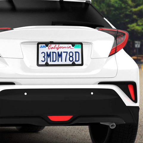 Rear view of car with Anti Theft Stainless Steel License Plate Screws Set With Matte Caps And Locking Bolts For Front And Rear Car Tag Mounts Rustproof 304 Stainless M6 One Quarter Inch Includes Nuts Inserts And Rattle Proof Pads installed.