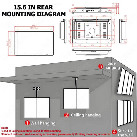 15.6 Inch rear mounting diagram for Top Shelf 15.6 Inch Wall Mount Digital Advertising Media Player Display with installation options.