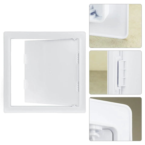 Crush Proof 12X12 Inch Abs Plastic Drywall Access Panel showing opened door and hinge system for easy access to plumbing and HVAC.