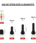 All In One Valve Stem Tool Kit For Tubeless Tires With Puller Core Remover 4 Way Valve Tool TR412 TR413 TR414 Stems Caps And Cores Easy Install And Quick Tire Service showing valve stem sizes and quantities