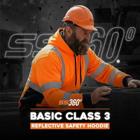 Man wearing Hi-Vis Hoodie For Men Class 3 Type R Orange Safety Gear with Soft Fleece Interior on construction site.