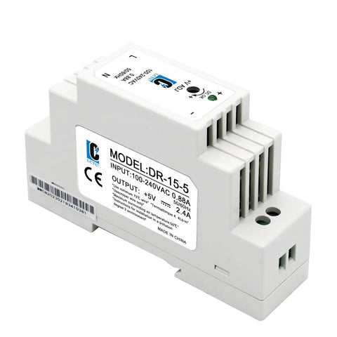 Front view of Din Rail Slim 5V Power Supply 15W 2.4A Plug And Play Switching Adapter for Control Panels, Input 100-240VAC, Output 5VDC