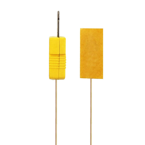 Two yellow K-Type sensor components: 0.25 mm surface-contact probe with ribbed grip; flat sticker sensor with lead.