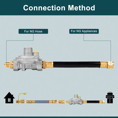 GASPRO natural gas regulator with black hose and brass fittings; front view showing 1/2 in. to 3/8 in. flare adapter.