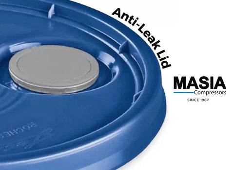 Food Grade Lubricant 9000 FG For Commercial Equipment, 8000 Hour Lifetime, 5 Gallon lid, anti-leak lid close-up, Masia Compressors