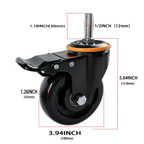 4 Inch Universal Caster Set Of 4 Heavy Duty Locking Wheels with 1.181 inch length, detailed view showing measurements