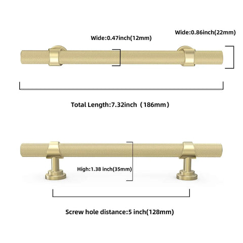Top Shelf Brushed Gold Kitchen Cabinet Handles Five Inch Pulls Straight Up Premium Zinc Alloy Hardware with dimensions and details.