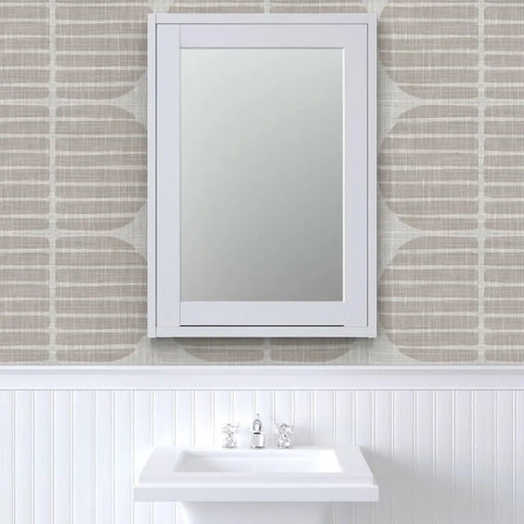 Super Sleek Geometric Stripe Vinyl Wallpaper Shows Off Subtle Leather Texture And Delivers Knockout Durability For Heavy Traffic Commercial Spots Or Wild Home Rebounds Featuring Type Ii Sturdiness And Custom Prints That Bring The Real Deal Vibes in a bathroom setting with a white sink and mirror.