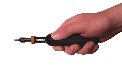 Handheld Torque Limiting Screwdriver With Precise 3 To 15 Inch Pounds Range Lightweight Aluminum Body With Rubber Grip in use