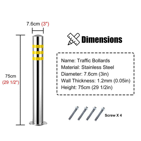 Tough As Nails Heavy Duty Security Bollard Posts 2 Pack 304 Stainless Steel Traffic Delineators With Bright Reflective Strips For Driveways Warehouses And Garages, 3 inch diameter and 29.5 inch height.