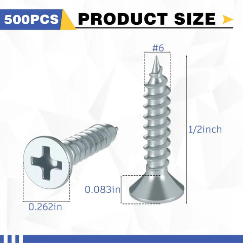 Kick Your Projects Into Gear With a Badass 500 Pack of Number Six X 1/2 Inch Flat Head Wood Screws showcasing size and dimensions.
