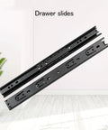 Bulk Thirty Pair Full Extension Ball Bearing Side Mount Cabinet Drawer Slides Featuring No Sweat Install And Silky Smooth Glide For Sweet Kitchen Updates And Quick Diy Projects, black metal slides on a light wooden floor.