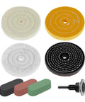 Pro Buffing Polishing Wheel Kit With Reusable Compound And Shank designed for soft pads, featuring assorted polishing pads and compound blocks.