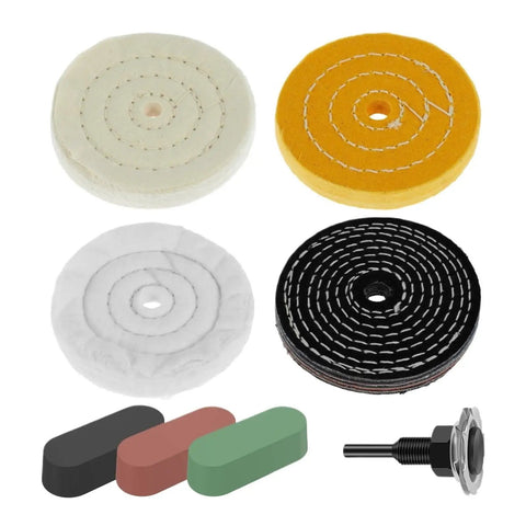 Pro Buffing Polishing Wheel Kit With Reusable Compound And Shank designed for soft pads, featuring assorted polishing pads and compound blocks.