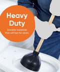 Classic Heavy Duty Toilet And Sink Plunger With 21 Inch Natural Wood Handle, Thick Black Rubber Cup, Built Tough To Blast Away Stubborn Clogs, Easy Suction For Quick Fixes in use above a toilet.