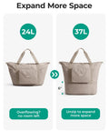 Foldable 37L Travel Bag That Expands Into A Spacious Weekender For Women, size comparison showing expansion from 24L to 37L