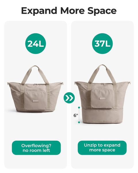 Foldable 37L Travel Bag That Expands Into A Spacious Weekender For Women, size comparison showing expansion from 24L to 37L