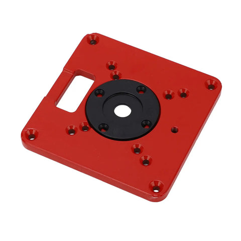 Premium Aluminum Router Table Insert Plate Built Tough With Dual Scale Alignment Dead Nuts Accurate Precision Calibration For Smooth Woodworking And No Sweat Setup, red with black center.