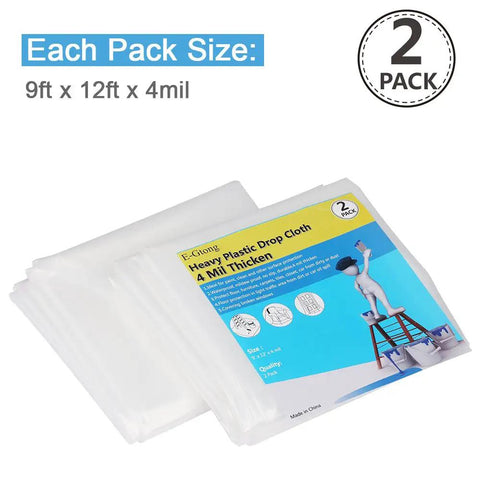 Two Pack 4 Mil Plastic Drop Cloths 9 By 12 Feet Waterproof Heavy Duty Clear Tarp package with dimensions and thickness shown