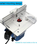 Pro Shop Quality Aluminum Router Table Insert Plate With Smooth Glide Lift Lever And Rock Solid Surface Mount Design For Heavy Duty Woodworking Trimming And Carving, top view with inverted mounting design.