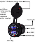 Heavy Duty 12V Usb Adapter With Dual 2.1A Fast Charge Ports And Glowing Blue Led Light Waterproof Plug showing USB ports and waterproof cover.