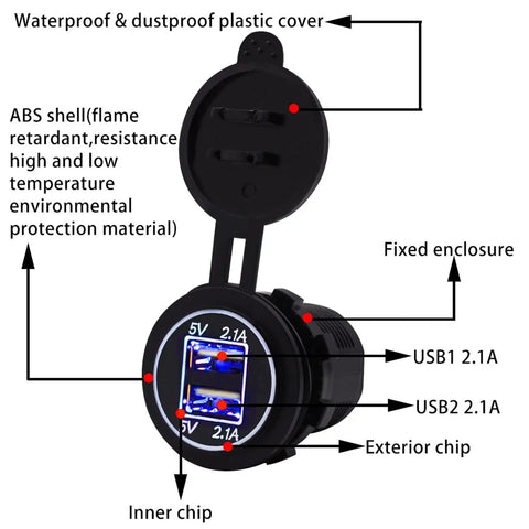 Heavy Duty 12V Usb Adapter With Dual 2.1A Fast Charge Ports And Glowing Blue Led Light Waterproof Plug showing USB ports and waterproof cover.