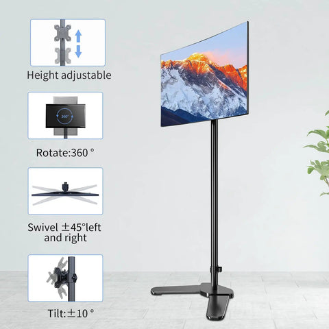 Tall Floor Monitor Mount With Extra Long 47 Inch Pole For Free Standing Desk Setup Adjustable Single Arm Fits 13 To 27 Inch Screens Up To 22 Lbs Easy Height Tilt And Depth Adjust To Cut Eye Strain shown with height and tilt adjustments.