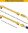 Heavy Duty Air Chuck Set With Dual Head And Ball Head Chucks for tire inflation featuring gold 1/4 inch air fittings details.