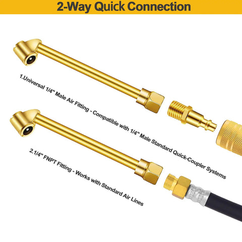 Heavy Duty Air Chuck Set With Dual Head And Ball Head Chucks for tire inflation featuring gold 1/4 inch air fittings details.