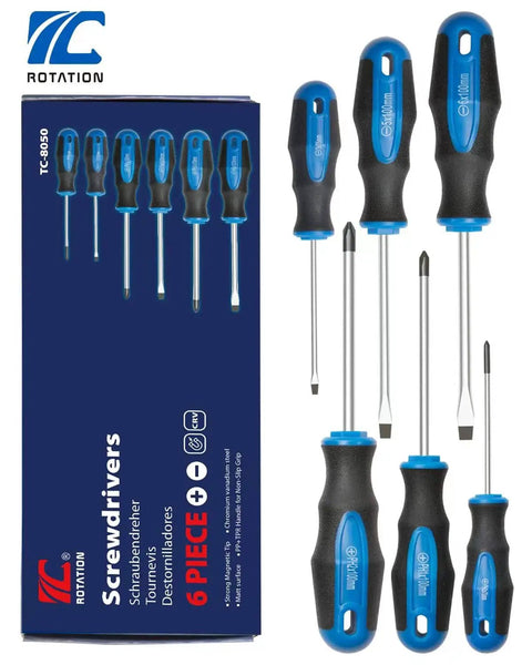 Magnetic Tip Screwdriver Set 6 Pack With Phillips And Flat Bits Cushioned Grip Handles Heat Treated CR-V Steel Displayed in Box