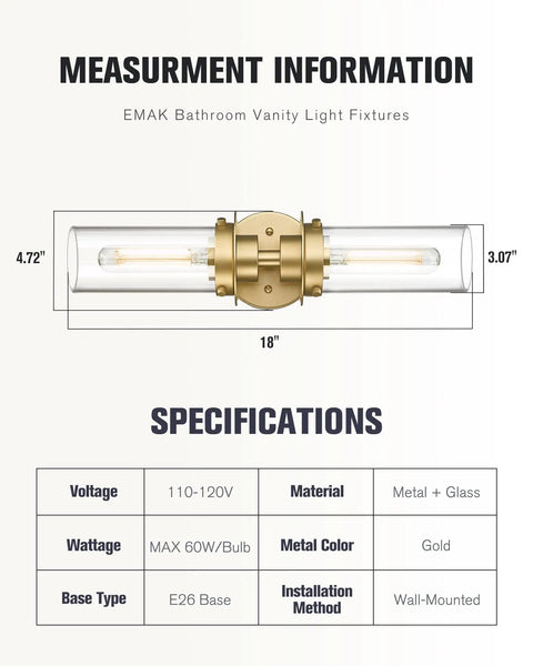 Trending Gold Finish Vanity Lights With Clear Glass Cylinder Shades Over Mirror Indoor Wall Sconce details and dimensions