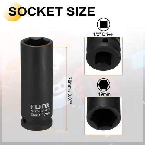 Heavy Duty 1/2 Inch Drive Deep Impact Socket Set Featuring a Massive 19mm Metric Size With A Long 5 Inch Extension Bar And Ratchet Wrench For Tightening Heavy Hex Bolts And Nuts Smoothly, 19mm CR-MO socket