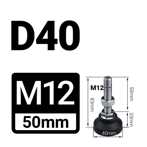 Eight Piece Adjustable Furniture Leveling Feet With Swivel Articulating Legs And Rigid Antislip Cushion Bottoms For No Sweat Setup And Dead Set Stable Room Arrangements with D40, M12, and 50mm dimensions.