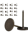 One Hundred Heavy Duty Flat Head Thumb Tacks In Bronze Top Shelf Push Pins, showing various bronze thumb tacks upright and angled.