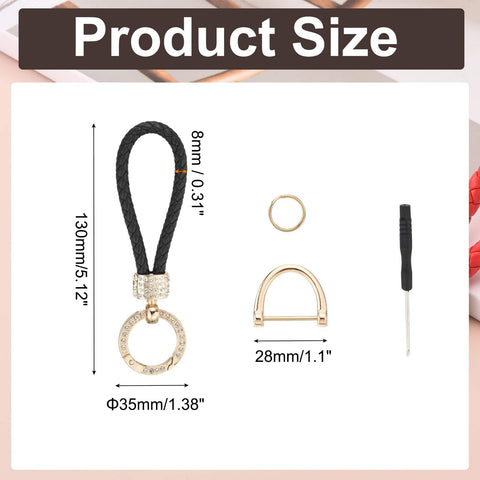 Braided Rope Leather Keychain With Rotatable D Ring And Zinc Alloy Screwdriver For Keys Bags And Wallets Black Gold Pack Of 1 size chart and components