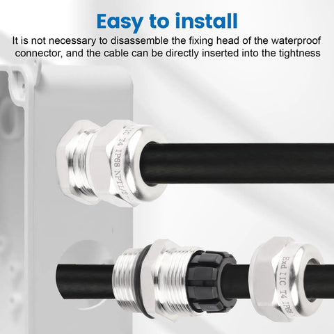 Two Pack 1/2 Inch NPT Stainless Steel Waterproof Cable Gland With Adjustable Glands IP68 Rated shown in use with black cables