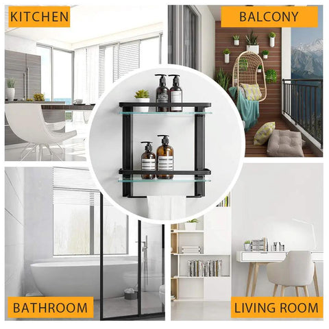 Heavy Duty Lavatory Glass Bathroom Shelf With Huge Storage Space Two Tier Tempered Glass Shower Shelves With Towel Bar Wall Mounted Matte Black Aluminum Finish 15 By 5 Inches shown in different home settings.