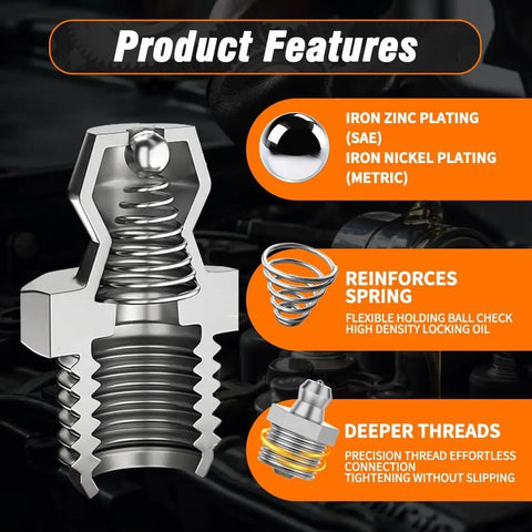 240 Piece SAE Grease Fittings Kit With G1/4 And G1/8 Zerk Fittings, cutaway view showing spring and threading features, iron zinc plating.
