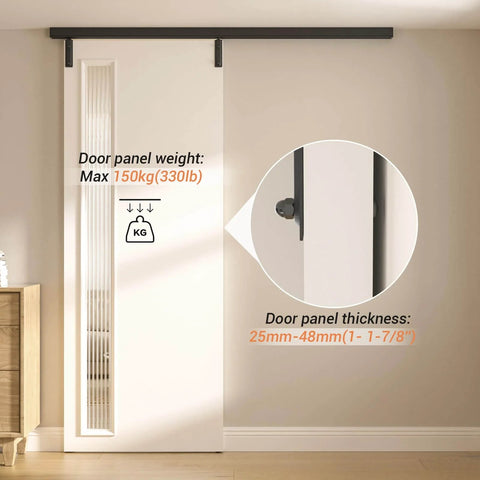 Front view of a 60 Inch Box Rail Sliding Barn Door Hardware Kit With Ceiling Mount Heavy Duty Aluminum Track In Black Powder Coat Outdoor Ready And Anti Corrosion Fits Doors Up To 26 Inch Opening Up To 30 Inch Panel Width 1 Inch Door Thickness installed on a white door.