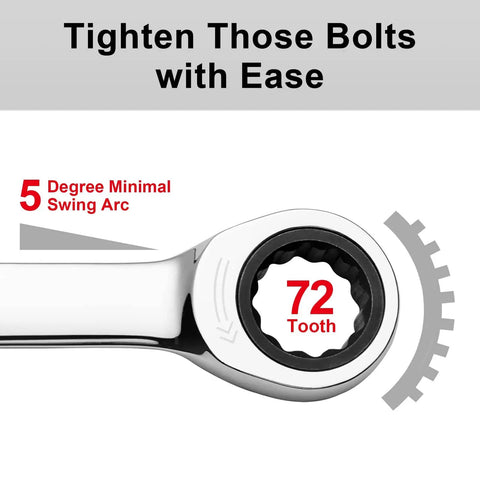 Close-up of Heavy Duty 16mm Ratchet Wrench With 72 Tooth Mechanism, 12 Point Box End for Precise Torque