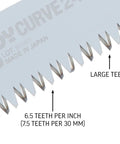 Close-up of GomBoy Curve Professional Folding Saw 240mm with impulse hardened teeth showing large teeth and 6.8 TPI details.