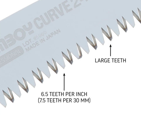 Close-up of GomBoy Curve Professional Folding Saw 240mm with impulse hardened teeth showing large teeth and 6.8 TPI details.