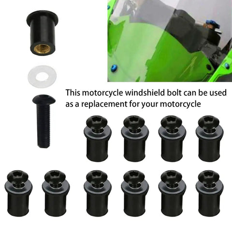 Heavy Duty Motorcycle Windshield Bolt Kit 10 Pack Black Aluminum Alloy Screws, featuring anti-corrosion design and replacement components.