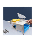 Heavy Duty 750W Electric Mini Table Saw With 5 Pcs Premium Blades For Rock Solid Woodworking Cutting Polishing And Carving Desktop Router Alternative shown with safety guard and hand measuring tool.
