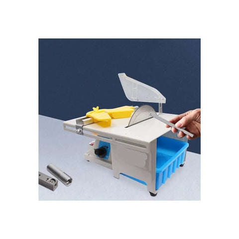 Heavy Duty 750W Electric Mini Table Saw With 5 Pcs Premium Blades For Rock Solid Woodworking Cutting Polishing And Carving Desktop Router Alternative shown with safety guard and hand measuring tool.