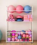 No Sweat Heavy Duty Metal Yoga Mat Storage Rack And Commercial Floor Standing Gym Organizer Shelf with fitness balls and mats.